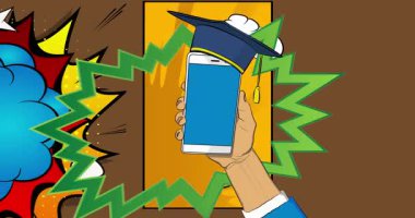 Çizgi film, akıllı telefon, çizgi roman, mezuniyet şapkalı telefon. Retro animasyon, çizgi roman pop sanat videosu.