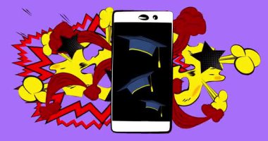 Çizgi film, akıllı telefon, çizgi roman, mezuniyet şapkalı telefon. Retro animasyon, çizgi roman pop sanat videosu.