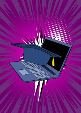 Çizgi dizüstü bilgisayar, mezuniyet şapkalı çizgi roman defteri. Retro vektör çizgi romanları pop sanat tasarımı.