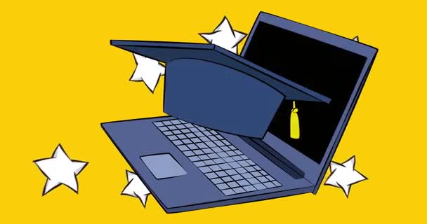 Cartoon Laptop comic book Notebook with Graduation Cap. Retro cartoon comics pop art animation. Cartoon Laptop comic book Notebook with Graduation Cap. Retro cartoon comics pop art animation.