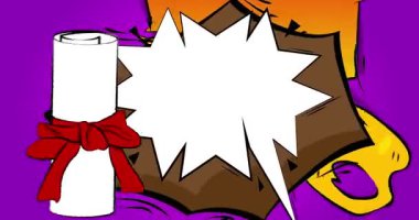 Çizgi roman diploması, kurdeleli boş konuşma balonu, çizgi roman mezuniyet videosu. Retro çizgi roman pop sanat animasyonu.