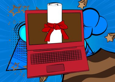 Çizgi dizüstü bilgisayar, diplomalı çizgi roman defteri, kurdeleli rulo kağıt. Retro vektör çizgi romanları pop sanat tasarımı.