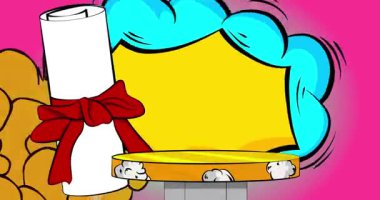 Diplomayla sunum için Comic Book Product sahne animasyonu, kurdeleli rulo kağıt. Retro çizgi roman arkaplan videosu.