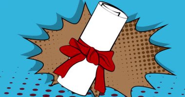 Çizgi roman diploması, şeritli rulo kağıt, çizgi roman mezuniyet videosu. Retro çizgi roman pop sanat tasarımı animasyonu.