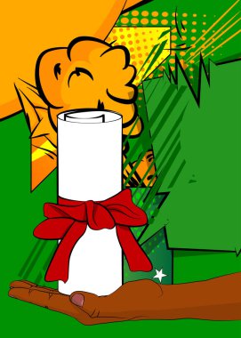 Çizgi film, çizgi roman insan eli diploması, şeritli rulo kağıt. Retro vektör çizgi romanları pop sanat tasarımı.