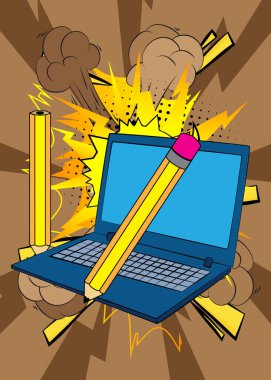 Çizgi dizüstü bilgisayar, kalemli çizgi roman defteri. Retro vektör çizgi romanları pop sanat tasarımı.