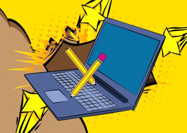 Çizgi dizüstü bilgisayar, kalemli çizgi roman defteri. Retro vektör çizgi romanları pop sanat tasarımı.