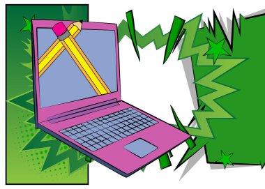 Çizgi dizüstü bilgisayar, kalemli çizgi roman defteri. Retro vektör çizgi romanları pop sanat tasarımı.