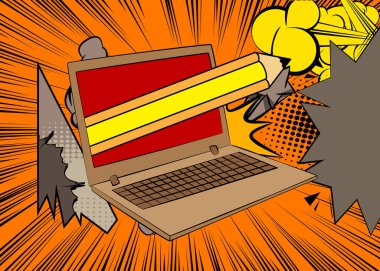 Çizgi dizüstü bilgisayar, kalemli çizgi roman defteri. Retro vektör çizgi romanları pop sanat tasarımı.