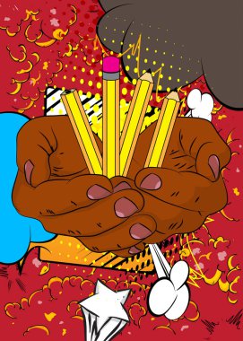 Çizgi film, çizgi roman insan eli kalem tutuyor. Retro vektör çizgi romanları pop sanat tasarımı.