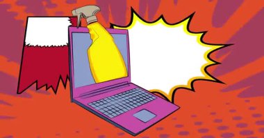 Çizgi film dizüstü bilgisayarı, sprey şişeli çizgi roman defteri. Retro çizgi roman pop sanat animasyonu.