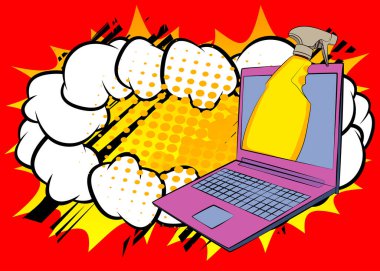 Çizgi film dizüstü bilgisayarı, sprey şişeli çizgi roman defteri. Retro vektör çizgi romanları pop sanat tasarımı.