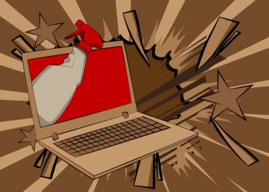 Çizgi film dizüstü bilgisayarı, sprey şişeli çizgi roman defteri. Retro vektör çizgi romanları pop sanat tasarımı.