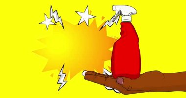 Çizgi film, çizgi roman insan eli sprey şişesini tutuyor. Retro video, çizgi roman pop sanat animasyonu.