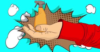 Çizgi film, çizgi roman insan eli sprey şişesini tutuyor. Retro video, çizgi roman pop sanat animasyonu.