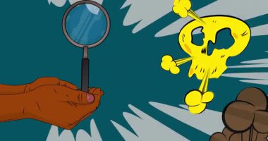 Çizgi film, çizgi roman insan elleri büyüteç tutuyor. Retro video, çizgi roman pop sanat animasyonu.