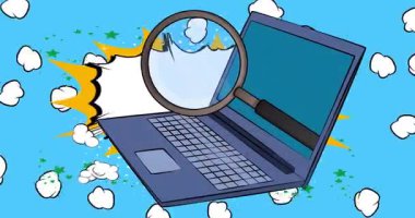 Çizgi dizüstü bilgisayar, büyüteçli çizgi roman defteri. Retro çizgi roman pop sanat animasyonu.