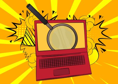 Çizgi dizüstü bilgisayar, büyüteçli çizgi roman defteri. Retro vektör çizgi romanları pop sanat tasarımı.