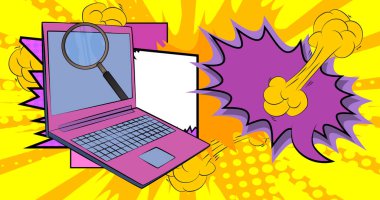 Çizgi dizüstü bilgisayar, büyüteçli çizgi roman defteri. Retro vektör çizgi romanları pop sanat tasarımı.