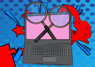 Çizgi dizüstü bilgisayar, büyüteçli çizgi roman defteri. Retro vektör çizgi romanları pop sanat tasarımı.