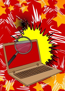 Çizgi dizüstü bilgisayar, büyüteçli çizgi roman defteri. Retro vektör çizgi romanları pop sanat tasarımı.