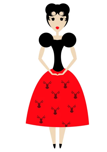 Mujer bonita usando un vestido con patrón de ciervo . — Vector de stock