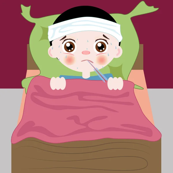 Niño enfermo en la cama con termómetro — Archivo Imágenes Vectoriales