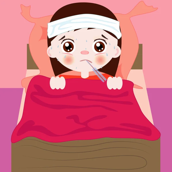 Sick girl in bed with thermometer — Stock Vector