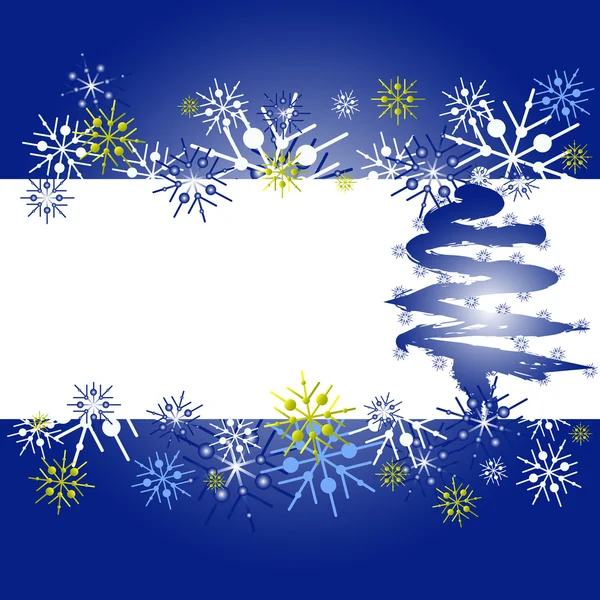 Tarjeta de Navidad con copos de nieve blancos, azules y dorados . — Vector de stock