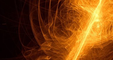 Soyut altın ışık ve lazer ışınları, fraktallar ve parıldayan şekiller hayal gücü, yaratıcılık ve tasarım için çok renkli sanat arka plan dokusu.