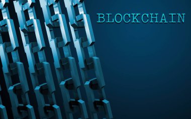 Blok zinciri konsepti. Bağlantı sistemi ve küresel veri alışverişi. Baskı, tasarım, ağ, afişler, medya, çizimler için. Mavi arkaplan.