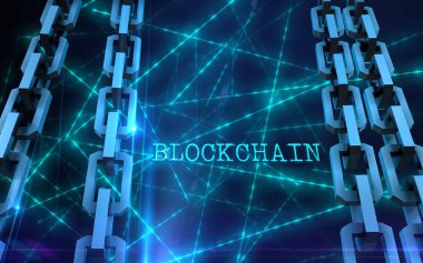 Blok zinciri konsepti. Bağlantı sistemi ve küresel veri alışverişi. Baskı, tasarım, ağ, afişler, medya, çizimler için. Mavi arkaplan.