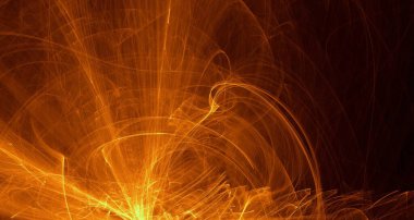 Soyut altın ışık ve lazer ışınları, fraktallar ve parıldayan şekiller hayal gücü, yaratıcılık ve tasarım için çok renkli sanat arka plan dokusu.