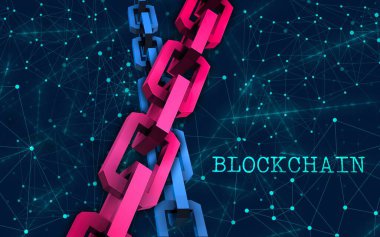 Blok zinciri konsepti. Bağlantı sistemi ve küresel veri alışverişi. Baskı, tasarım, ağ, afişler, medya, çizimler için. Mavi arkaplan.