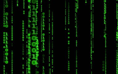 Siyah arkaplan üzerine ikili bilgisayar kodu. Matrix stilinde yeşil dijital kod numaraları. Sanal hacker soyutlama arka planı. Siyah arkaplanda rastgele numaralar düşüyor..
