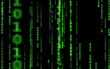Siyah arkaplan üzerine ikili bilgisayar kodu. Matrix stilinde yeşil dijital kod numaraları. Sanal hacker soyutlama arka planı. Siyah arkaplanda rastgele numaralar düşüyor..