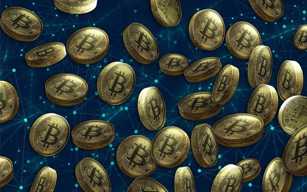 Altın bitcoin dijital para, fütüristik dijital para, dünya çapında teknoloji ağ konsepti. Sanal kripto para birimi. Fütürist dijital para. Madencilik ve engelleme teknolojisi. Dijital ekonomi 