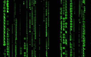 Siyah arkaplan üzerine ikili bilgisayar kodu. Matrix stilinde yeşil dijital kod numaraları. Sanal hacker soyutlama arka planı. Siyah arkaplanda rastgele numaralar düşüyor..