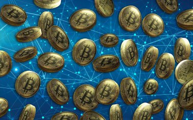 Altın bitcoin dijital para, fütüristik dijital para, dünya çapında teknoloji ağ konsepti. Sanal kripto para birimi. Fütürist dijital para. Madencilik ve engelleme teknolojisi. Dijital ekonomi 