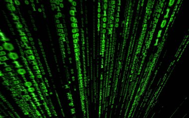 Siyah arkaplan üzerine ikili bilgisayar kodu. Matrix stilinde yeşil dijital kod numaraları. Sanal hacker soyutlama arka planı. Siyah arkaplanda rastgele numaralar düşüyor..
