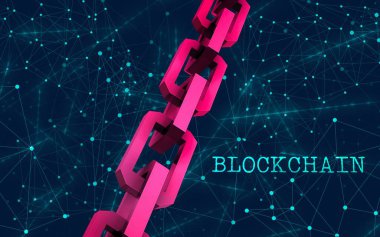 Blok zinciri konsepti. Bağlantı sistemi ve küresel veri alışverişi. Baskı, tasarım, ağ, afişler, medya, çizimler için. Mavi arkaplan.