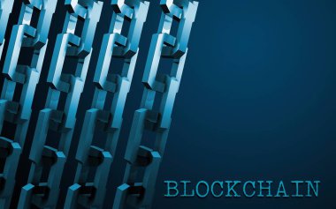 Blok zinciri konsepti. Bağlantı sistemi ve küresel veri alışverişi. Baskı, tasarım, ağ, afişler, medya, çizimler için. Mavi arkaplan.