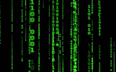 Siyah arkaplan üzerine ikili bilgisayar kodu. Matrix stilinde yeşil dijital kod numaraları. Sanal hacker soyutlama arka planı. Siyah arkaplanda rastgele numaralar düşüyor..