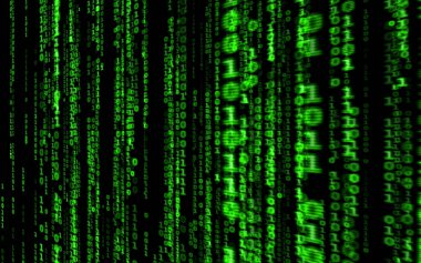Siyah arkaplan üzerine ikili bilgisayar kodu. Matrix stilinde yeşil dijital kod numaraları. Sanal hacker soyutlama arka planı. Siyah arkaplanda rastgele numaralar düşüyor..
