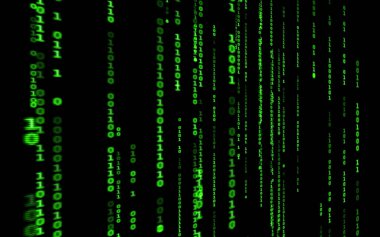 Siyah arkaplan üzerine ikili bilgisayar kodu. Matrix stilinde yeşil dijital kod numaraları. Sanal hacker soyutlama arka planı. Siyah arkaplanda rastgele numaralar düşüyor..