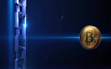 Altın bitcoin dijital para, fütüristik dijital para, dünya çapında teknoloji ağ konsepti. Sanal kripto para birimi. Fütürist dijital para. Madencilik ve engelleme teknolojisi. Dijital ekonomi