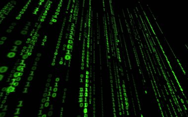 Siyah arkaplan üzerine ikili bilgisayar kodu. Matrix stilinde yeşil dijital kod numaraları. Sanal hacker soyutlama arka planı. Siyah arkaplanda rastgele numaralar düşüyor..