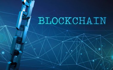 Blok zinciri konsepti. Bağlantı sistemi ve küresel veri alışverişi. Baskı, tasarım, ağ, afişler, medya, çizimler için. Mavi arkaplan.