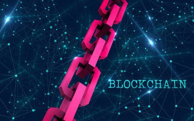 Blok zinciri konsepti. Bağlantı sistemi ve küresel veri alışverişi. Baskı, tasarım, ağ, afişler, medya, çizimler için. Mavi arkaplan.