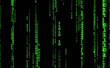 Siyah arkaplan üzerine ikili bilgisayar kodu. Matrix stilinde yeşil dijital kod numaraları. Sanal hacker soyutlama arka planı. Siyah arkaplanda rastgele numaralar düşüyor..